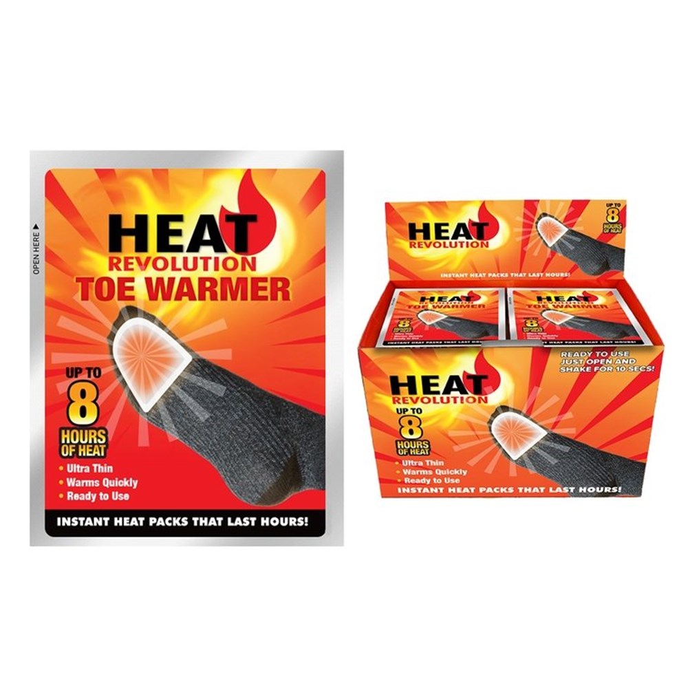 Orange and red packaging with flame graphic; Image of toe with warmer applied; Text indicating up to 8 hours heat; Black sock illustration; Small adhesive pack size;