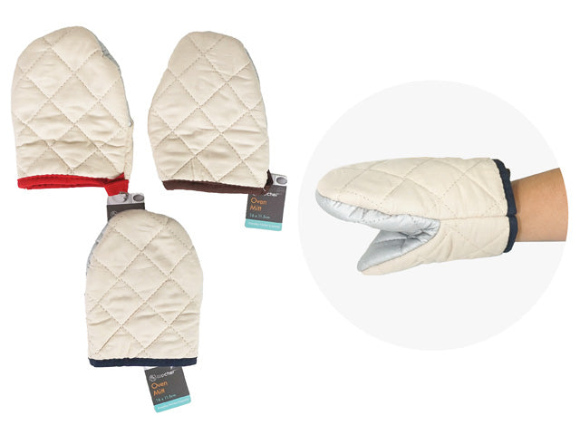 Quilted beige cotton fabric; Heatproof padded texture; Soft lining inside; Neutral colour with coloured edge trim;
