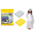 yellow packaging with snap buttons; white translucent raincoat with hood; folded raincoats in white and yellow; full body length raincoat shown on model;