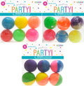 pack contains 6 balls; varied bright colours; plastic polybag packaging with header; confetti and star design on header; product labelled PARTY!;