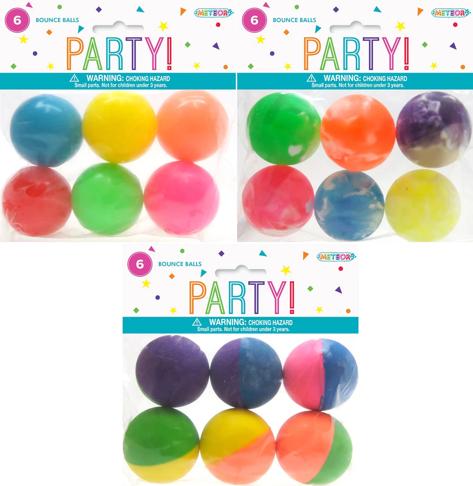 pack contains 6 balls; varied bright colours; plastic polybag packaging with header; confetti and star design on header; product labelled PARTY!;