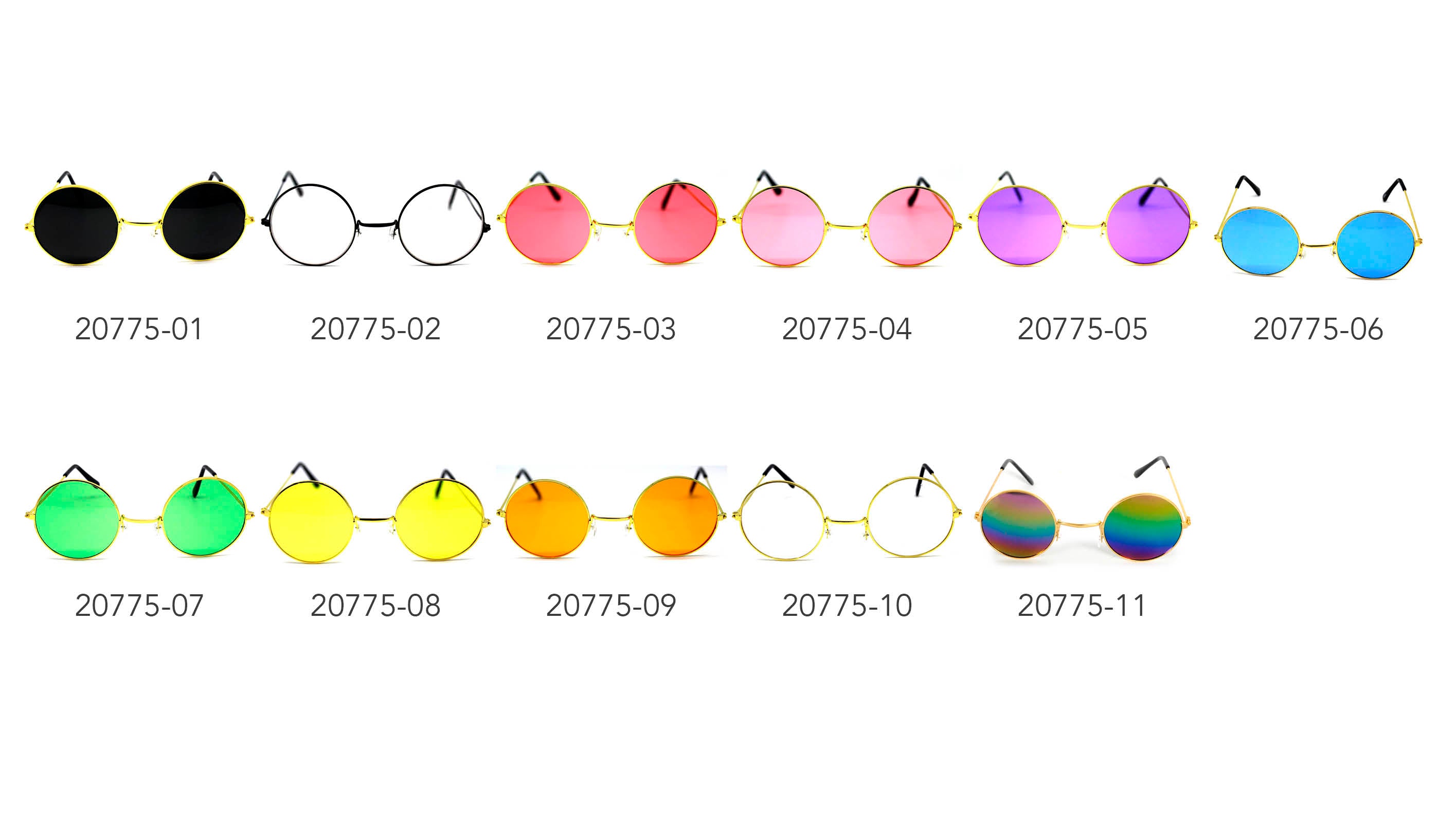 Small round orange lenses; Gold metal frame; Hippie style glasses; Black temple tips; Lightweight design;