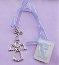 silver-tone angel shape charm; clear stone accents on wings and body; heart design in the centre; attached lilac organza ribbon; small decorative tag attached;