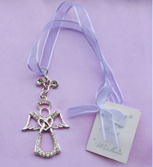 silver-tone angel shape charm; clear stone accents on wings and body; heart design in the centre; attached lilac organza ribbon; small decorative tag attached;