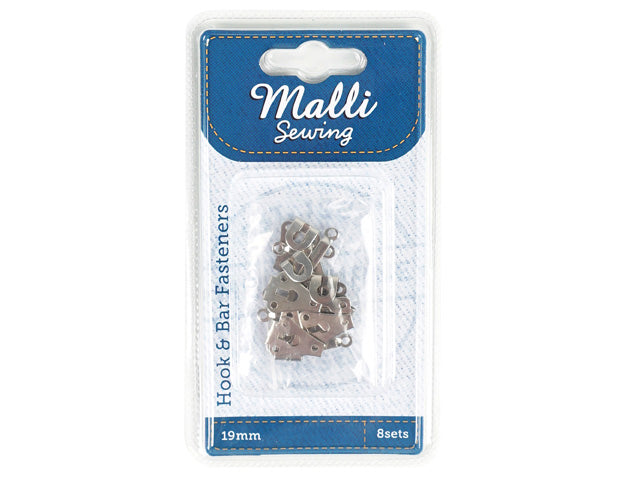 metal hook and bar fasteners; pack of 8 sets; 19mm size; blister packaging with blue and white card;