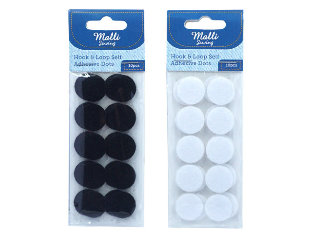 pack of 10 round hook and loop dots; available in black or white; dots have self adhesive backing; packaging labelled 'Malli Sewing'; dots arranged in two columns;