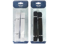 pack contains two strips of tape; available in black and white; each strip approximately 200cm long; packaged on blue branded backing card; hook and loop texture visible;
