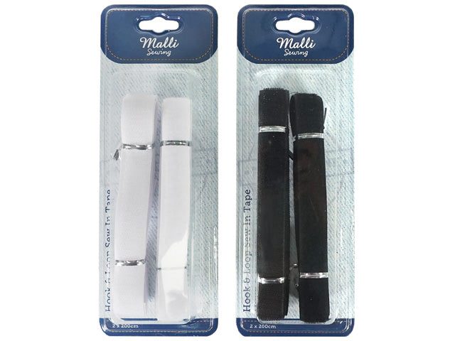 pack contains two strips of tape; available in black and white; each strip approximately 200cm long; packaged on blue branded backing card; hook and loop texture visible;