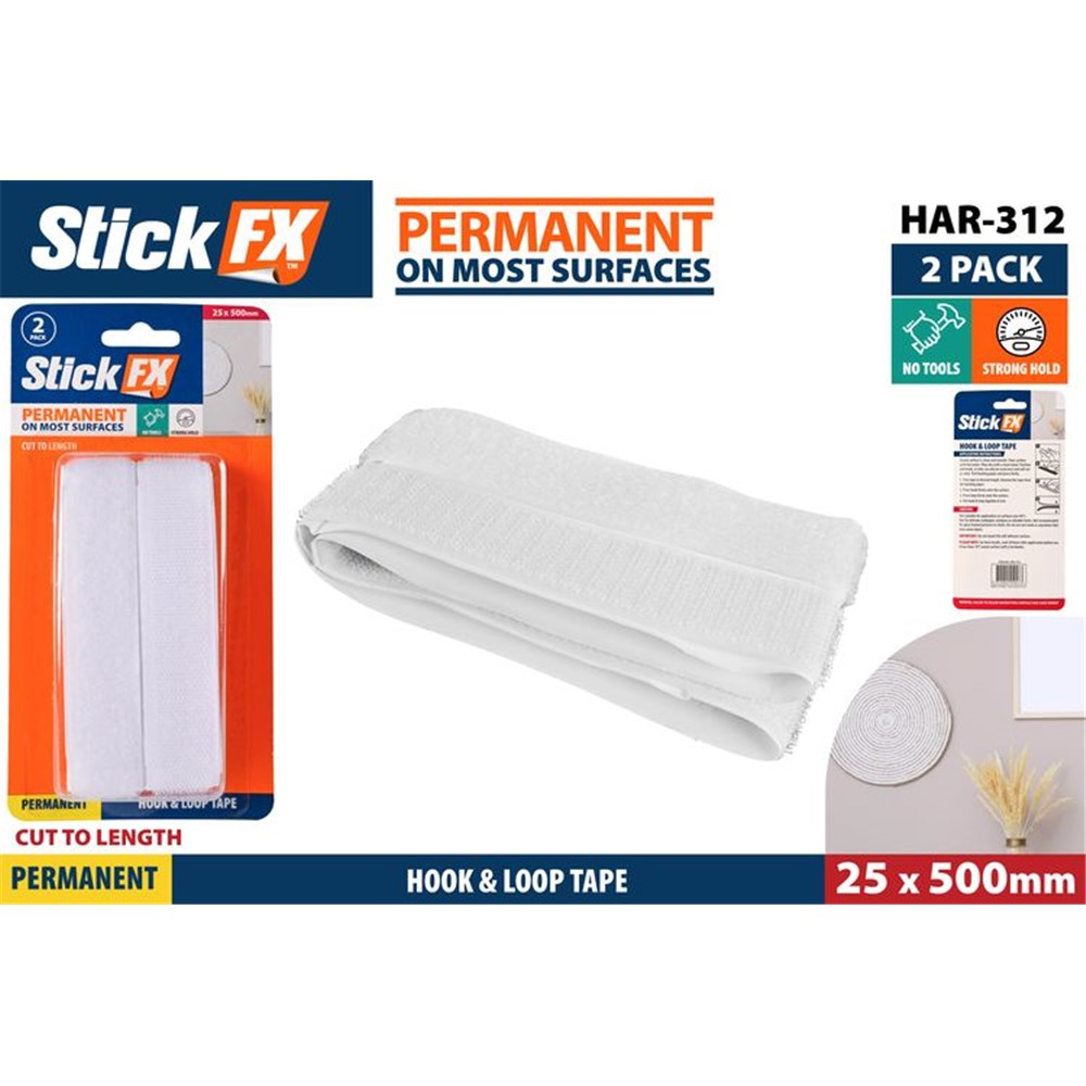 white hook and loop tape; two pieces included; 25mm wide, 500mm long; retail blister packaging; printed label with product details;