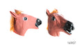 Horse-head shape with pointed ears and a long muzzle; Pinkish-brown face with a black muzzle; Orange-coloured mane detail; Textured surface with painted eyes and teeth;