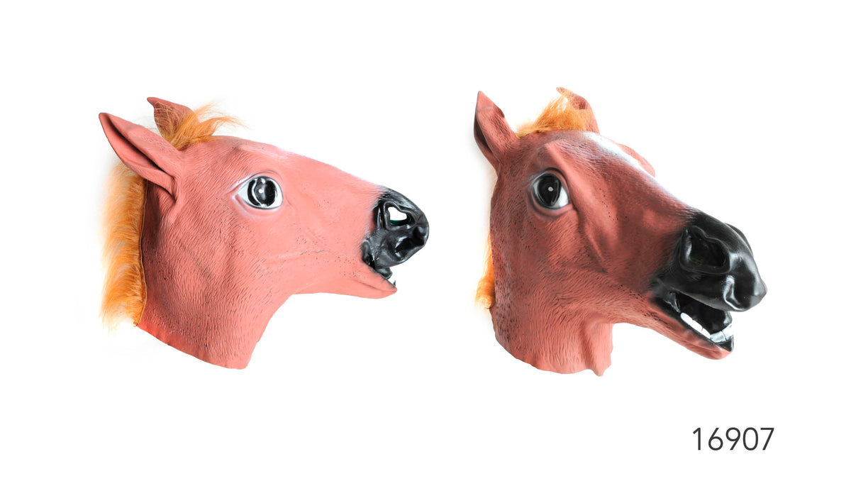 Horse-head shape with pointed ears and a long muzzle; Pinkish-brown face with a black muzzle; Orange-coloured mane detail; Textured surface with painted eyes and teeth;