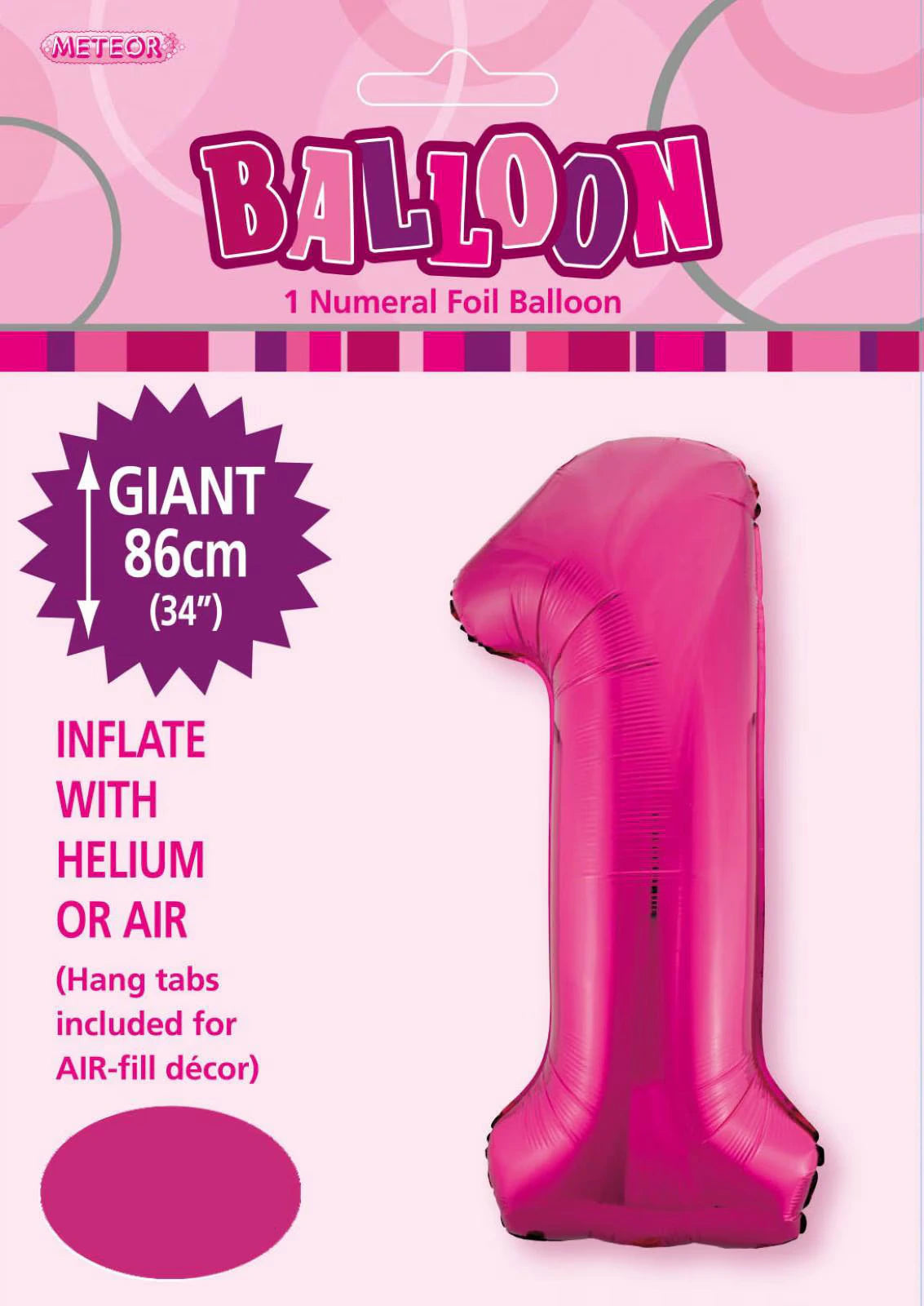 hot pink colour; number 1 shape; foil material; packaged with hang tabs; 86cm (34 inch) size;