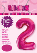 Hot pink colour; Foil material; Number 2 shape; 34 inch (86 cm) size; Hang tabs visible on balloon;