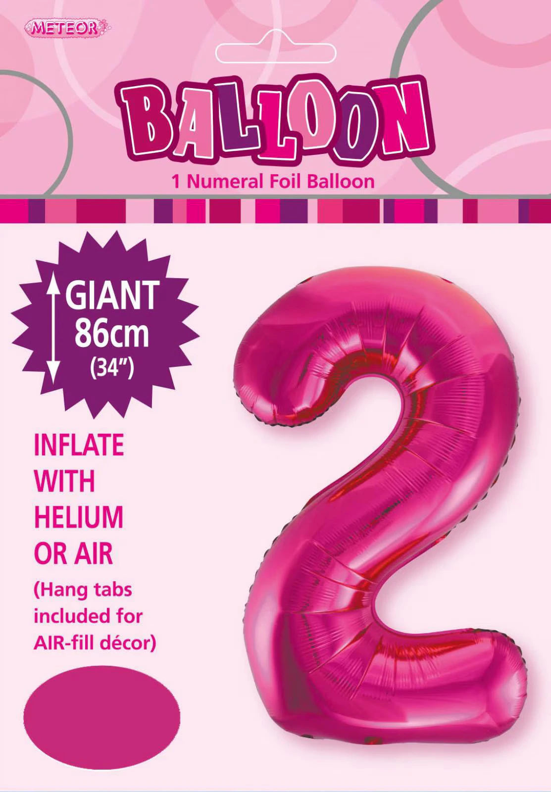 Hot pink colour; Foil material; Number 2 shape; 34 inch (86 cm) size; Hang tabs visible on balloon;
