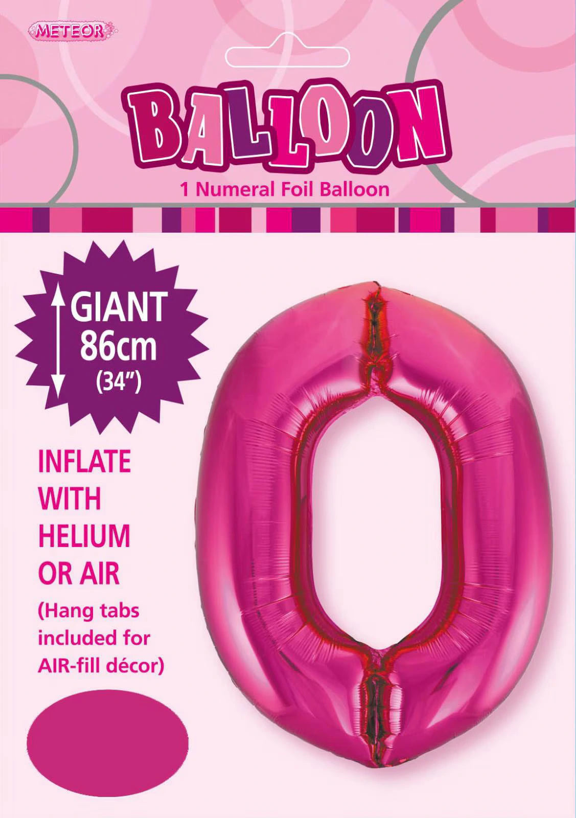 hot pink colour; foil material; number 0 shape; 34 inch / 86cm size; packaging shows balloon inflated;