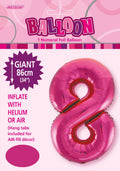 Hot pink colour; Foil material; Number 8 shape; 34 inches (86 cm) size; Packaging shows hang tabs included;