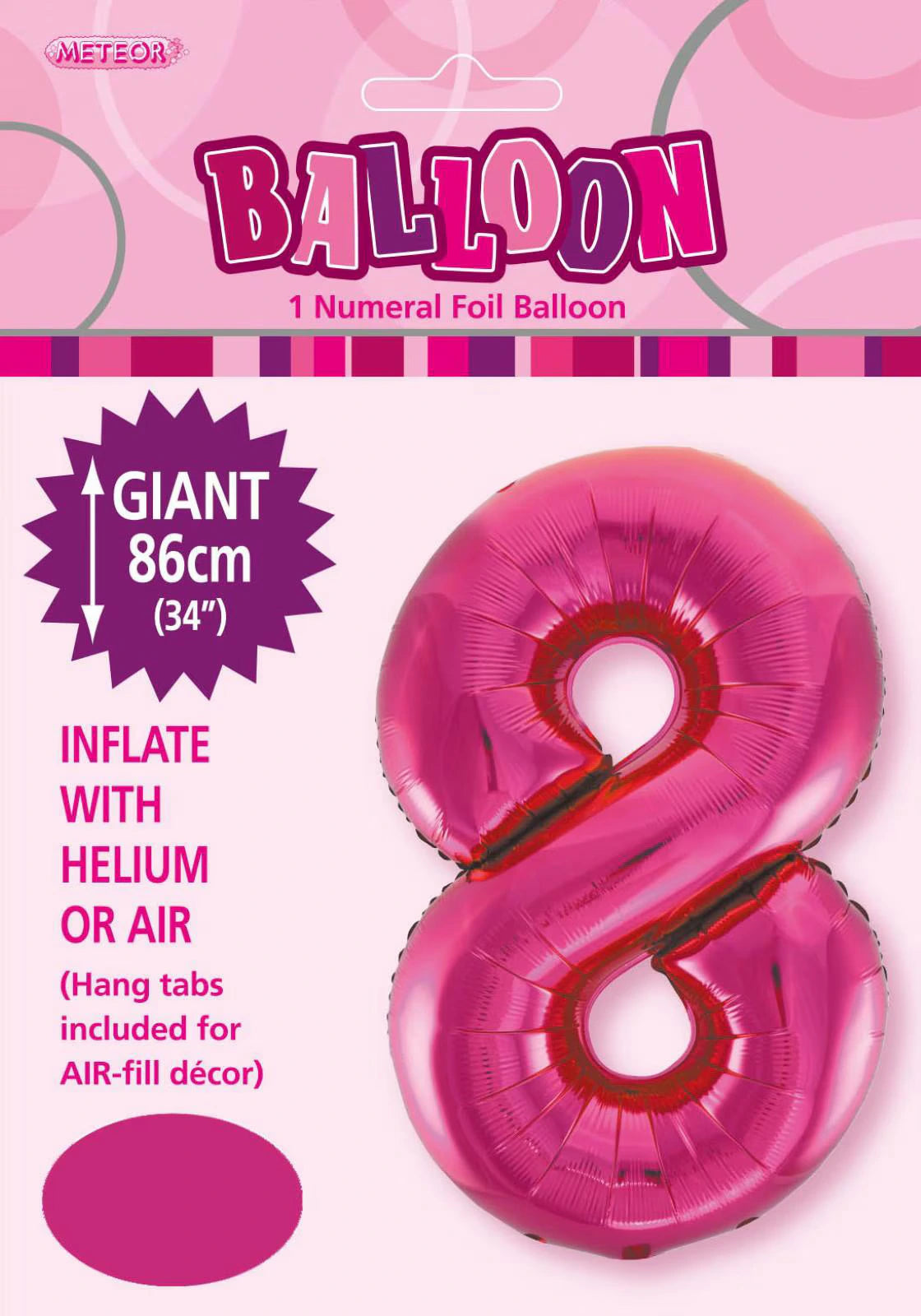 Hot pink colour; Foil material; Number 8 shape; 34 inches (86 cm) size; Packaging shows hang tabs included;