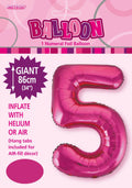 hot pink colour; foil material; number 5 shape; 34 inch (86 cm) size; packaging shows balloon with hang tabs;