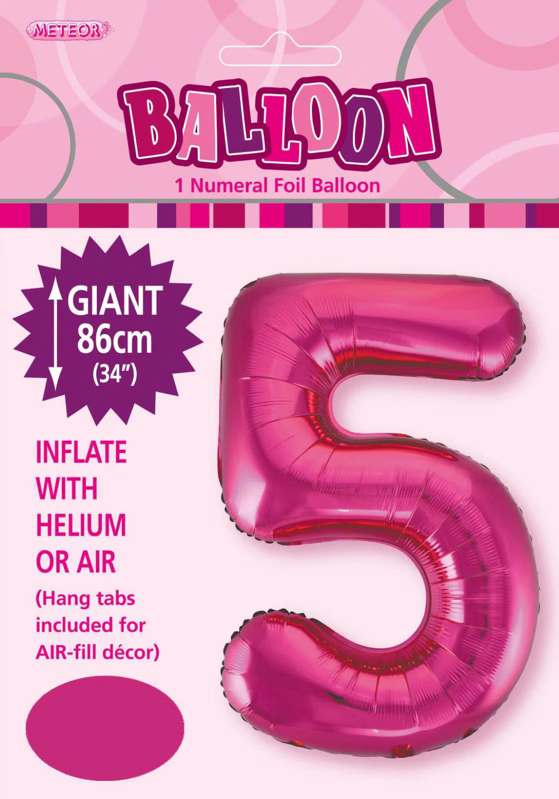 hot pink colour; foil material; number 5 shape; 34 inch (86 cm) size; packaging shows balloon with hang tabs;