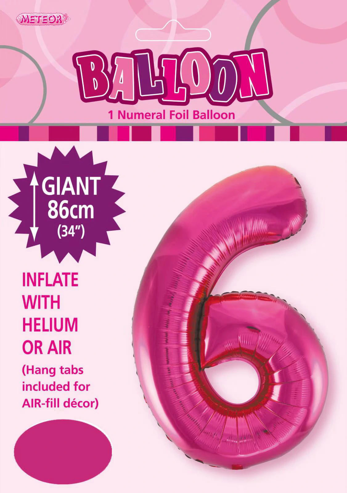 Hot pink colour; Number 6 shape; Shiny foil material; 34 inch (86cm) size; Packaging with Meteor brand and balloon instructions;
