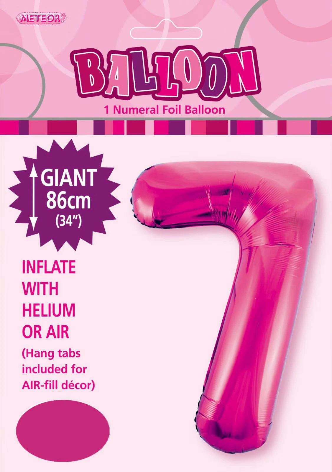 Hot pink colour; Number 7 shape; Foil material with shiny finish; Includes hang tabs for hanging; Packaged with branding and size info;