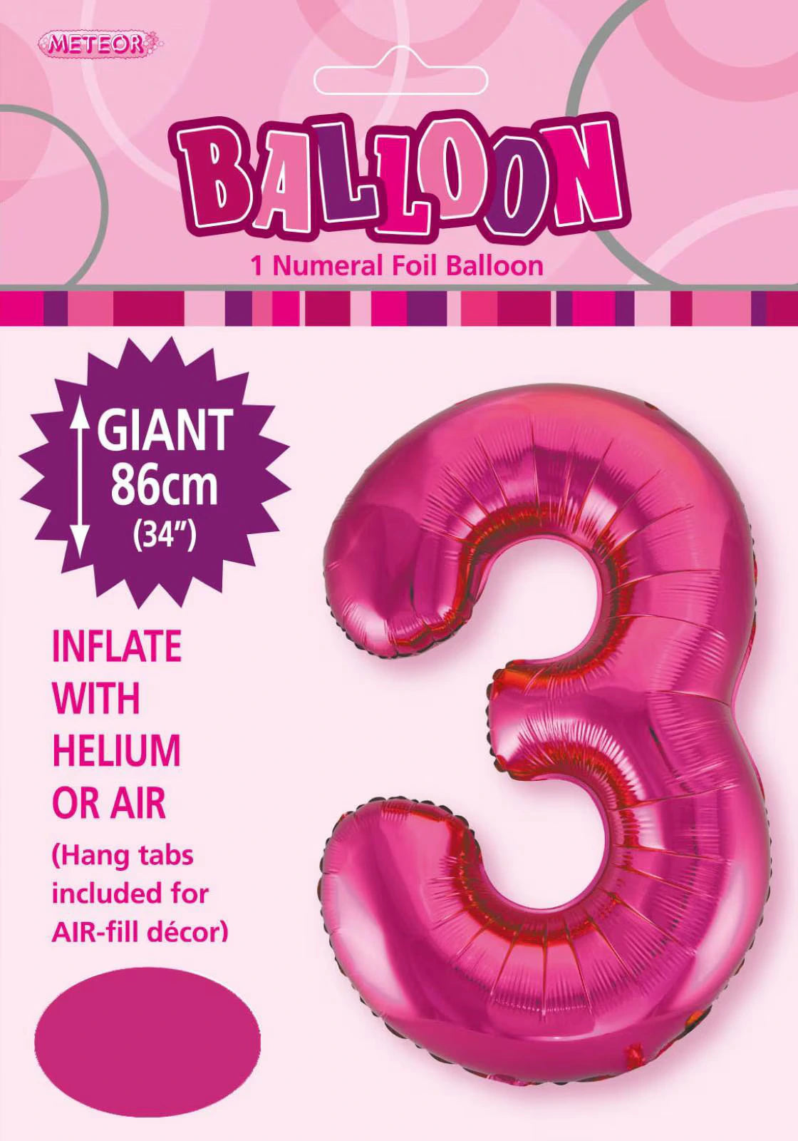 hot pink colour; foil material; number 3 shape; approximately 86cm tall; packaging with Meteor brand and product info;