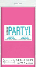 Hot pink colour; Rectangular shape; Plastic material; Compact packaging with hanging tab; Dimensions printed as 54 in x 108 in (137 cm x 274 cm);