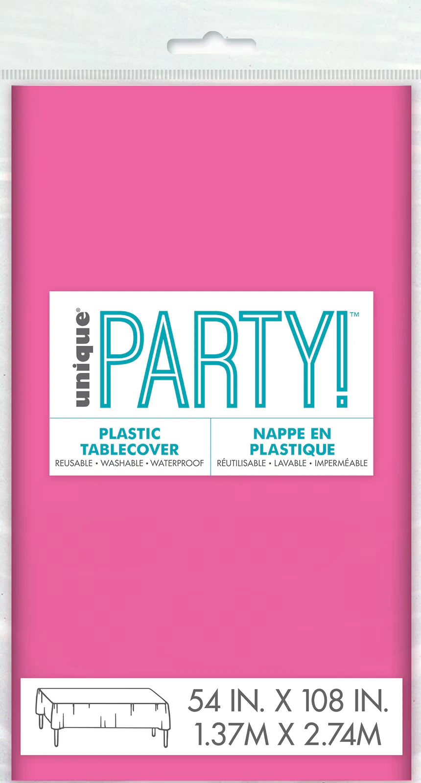 Hot pink colour; Rectangular shape; Plastic material; Compact packaging with hanging tab; Dimensions printed as 54 in x 108 in (137 cm x 274 cm);
