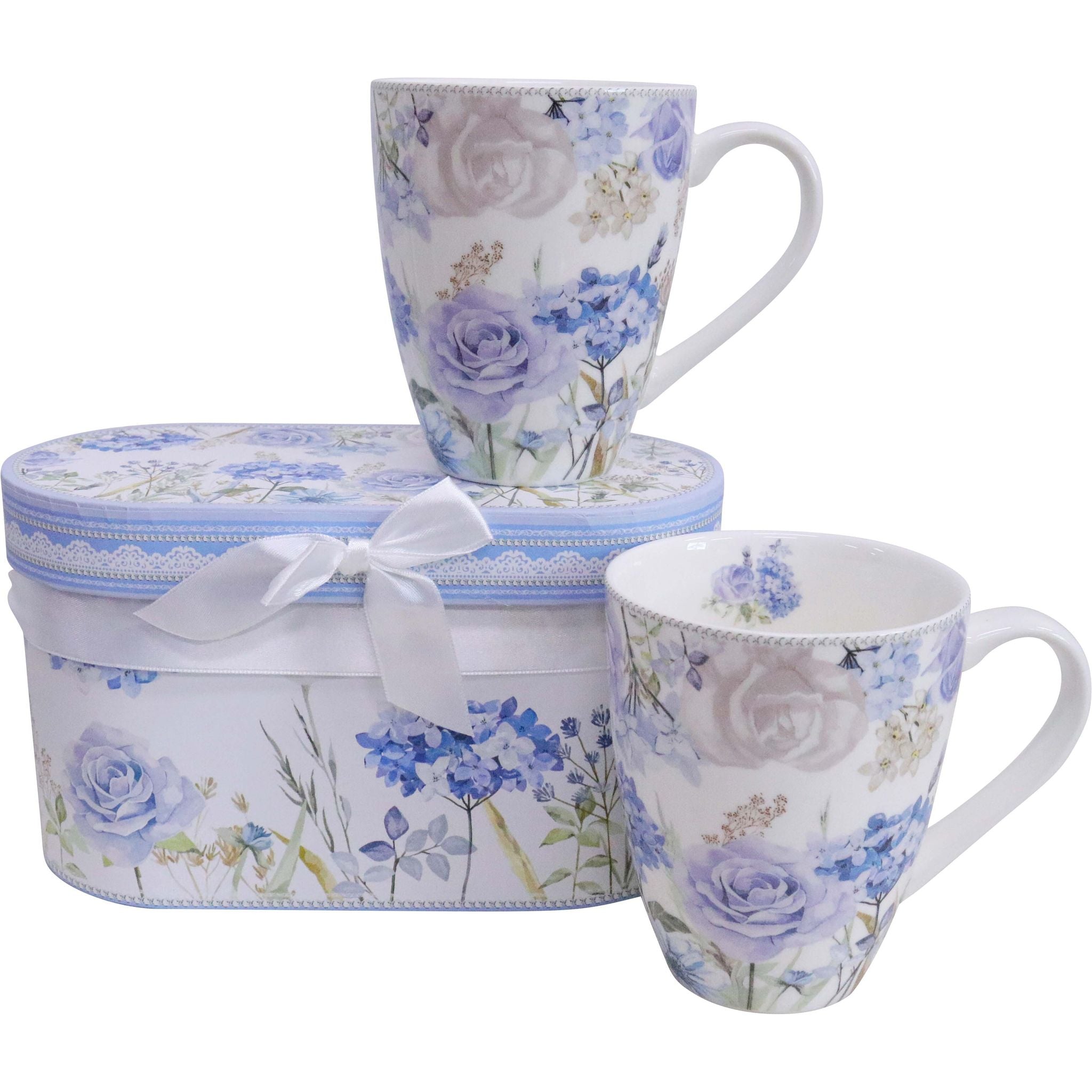 porcelain material; floral pattern with hydrangeas and roses; soft lilac and blue hues; white lace ribbon on gift box; oval floral gift box;