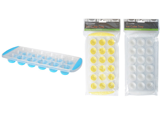 plastic material; 12 large round ice cube moulds; assorted colours: blue, yellow, clear; packaged in clear plastic with label;