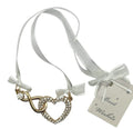 gold-tone metal; heart and infinity shapes; clear diamante stones; white sheer ribbon with bows; Best Wishes gift tag;