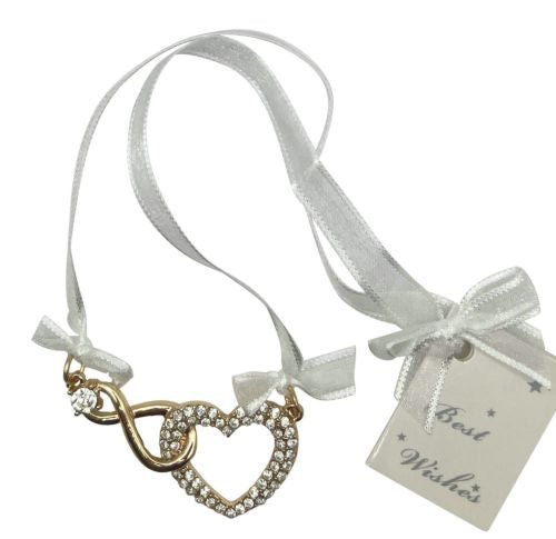gold-tone metal; heart and infinity shapes; clear diamante stones; white sheer ribbon with bows; Best Wishes gift tag;