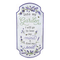 Tall, curved-top metal wall plaque; White background with purple border; Lavender flowers and small bee illustrations; Green and purple script text reading garden-themed quote;