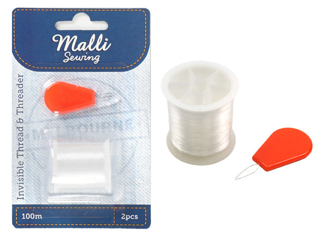 clear invisible thread on white plastic spool; orange plastic handheld threader; packaged on blue and white card; text 'Malli Sewing' on packaging;