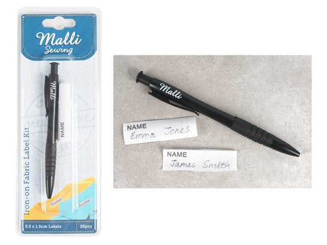 white fabric labels; black ink pen with clip; retail blister packaging; labels measure approximately 5.5 x 1.5 cm;