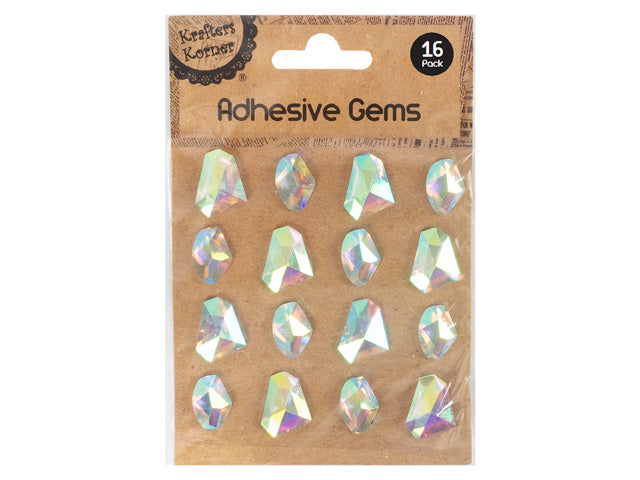 irregularly shaped gems; iridescent, shiny finish; clear plastic packaging; brown cardboard backing with printed text; 16 pieces arranged in 4 rows;