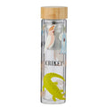 clear double wall glass bottle; bamboo screw lid; colourful Australian animal prints on glass; stainless steel infuser inside bottle;