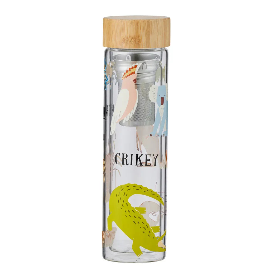 clear double wall glass bottle; bamboo screw lid; colourful Australian animal prints on glass; stainless steel infuser inside bottle;