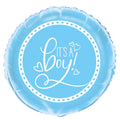 powder blue colour; round shape; foil material; white "It's A Boy!" text with heart designs; 18 inch size;