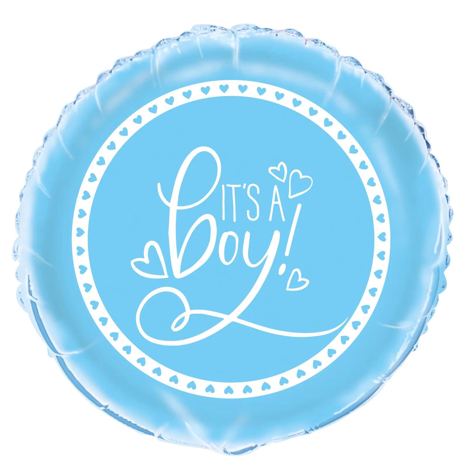 powder blue colour; round shape; foil material; white "It's A Boy!" text with heart designs; 18 inch size;