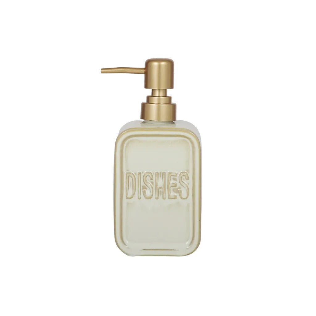 Ivory ceramic body; Gold-tone pump dispenser; Rectangular shape with rounded edges; Embossed text reading 'DISHES' on front;