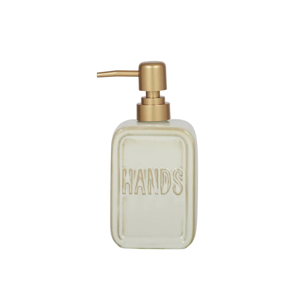 ivory ceramic body; gold coloured pump; rectangular shape; embossed text 'HANDS' on front;