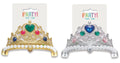 gold tiara with green, red and blue jewels; silver tiara with blue, green and pink jewels; both tiaras have a row of white faux pearls on the band; intricate crown design shape; plastic material with shiny finish;