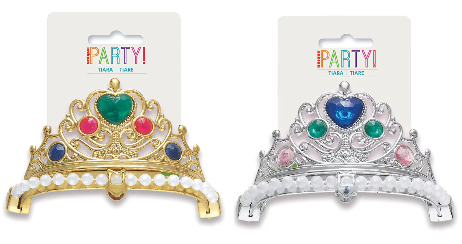 gold tiara with green, red and blue jewels; silver tiara with blue, green and pink jewels; both tiaras have a row of white faux pearls on the band; intricate crown design shape; plastic material with shiny finish;