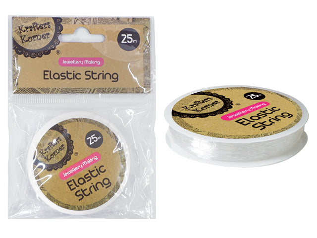 Clear elastic string; 25 metres length label; Round spool packaging; Krafters Korner brand label; Plastic spool in resealable plastic bag;