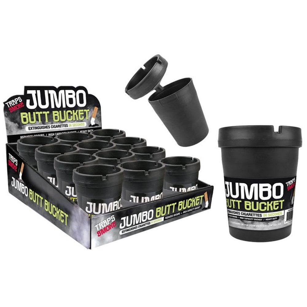 black colour; plastic material; cylindrical shape; lid with cigarette rests; compact size;
