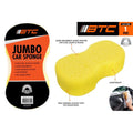 Yellow sponge; Curved ergonomic shape; Porous texture; Orange and black packaging; Label with usage details;