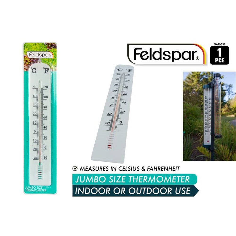 white rectangular body; black temperature scale markings in °C and °F; red liquid indicator; plastic material; packaged with green and white label;