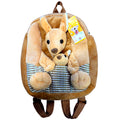 plush kangaroo shape on front; tan and brown colours; joey in kangaroo pouch; zip closure on top; adjustable brown straps;