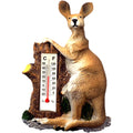 Kangaroo figure made of textured resin; Thermometer embedded in a tree stump design; Displays temperature in Celsius and Fahrenheit; Natural brown and beige colours; Magnet on back for attachment;